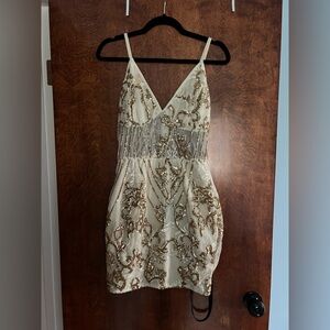 NWT PrettyLittleThing Cream and Gold Sheer bodice Mini Dress size 6